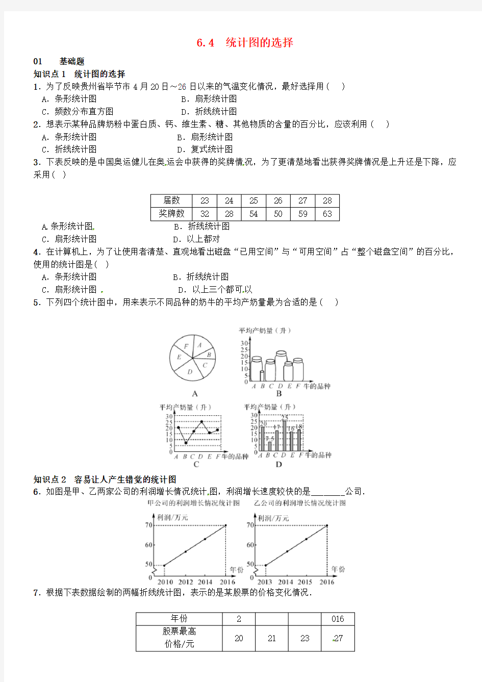 七年级数学上册6.4统计图的选择练习(新版)北师大版