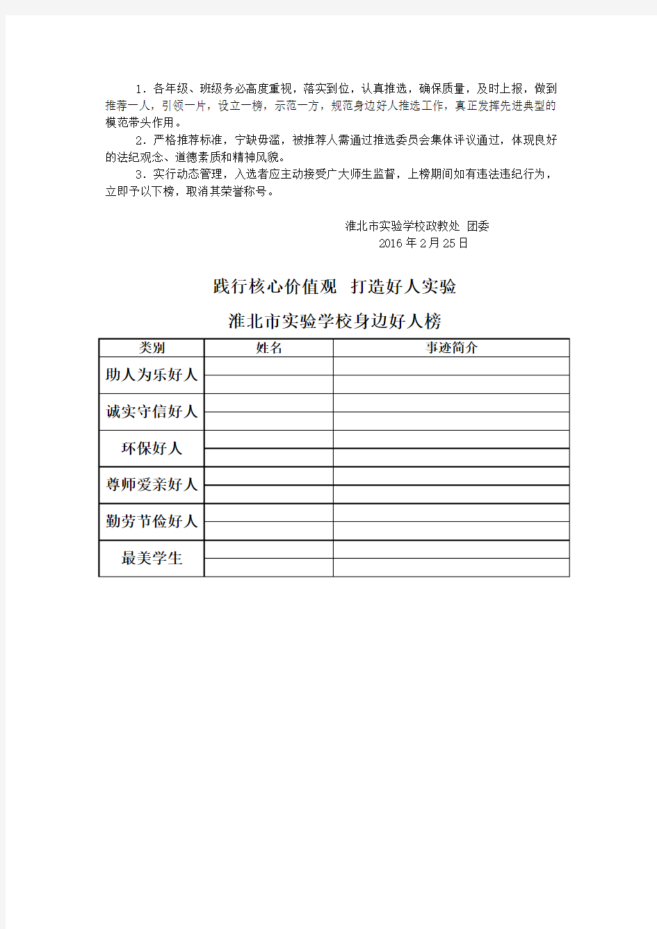 淮北市实验学校设立身边好人榜实施方案