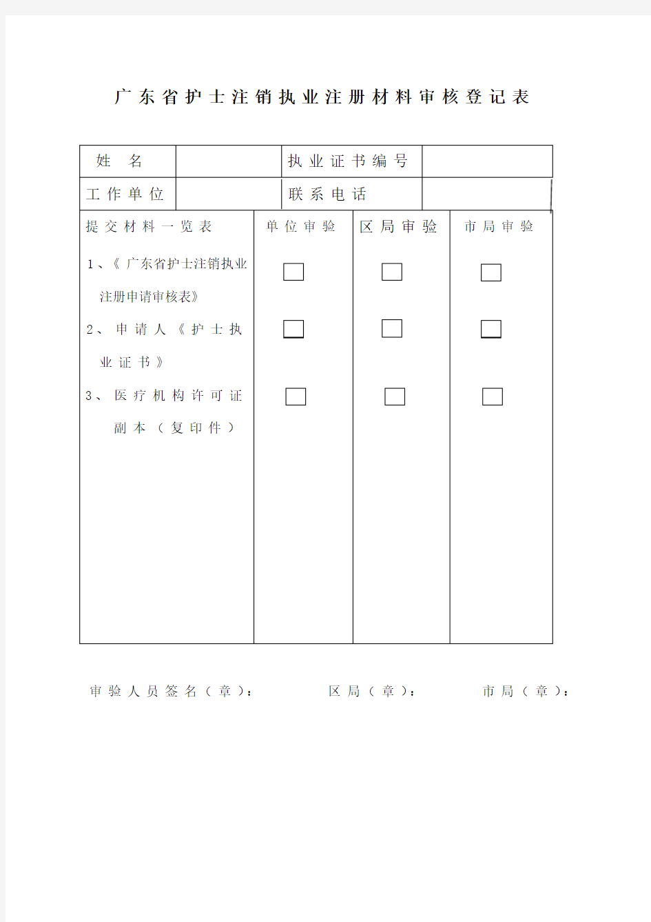 广东省护士注销执业注册申请审核表