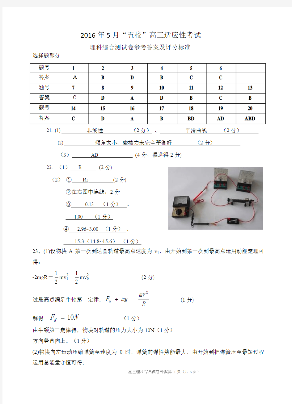 2016年宁波市高三五校适应性考试理科综合参考答案