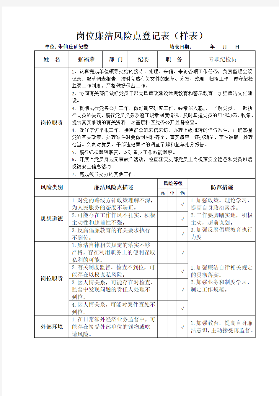 岗位廉洁风险点登记表