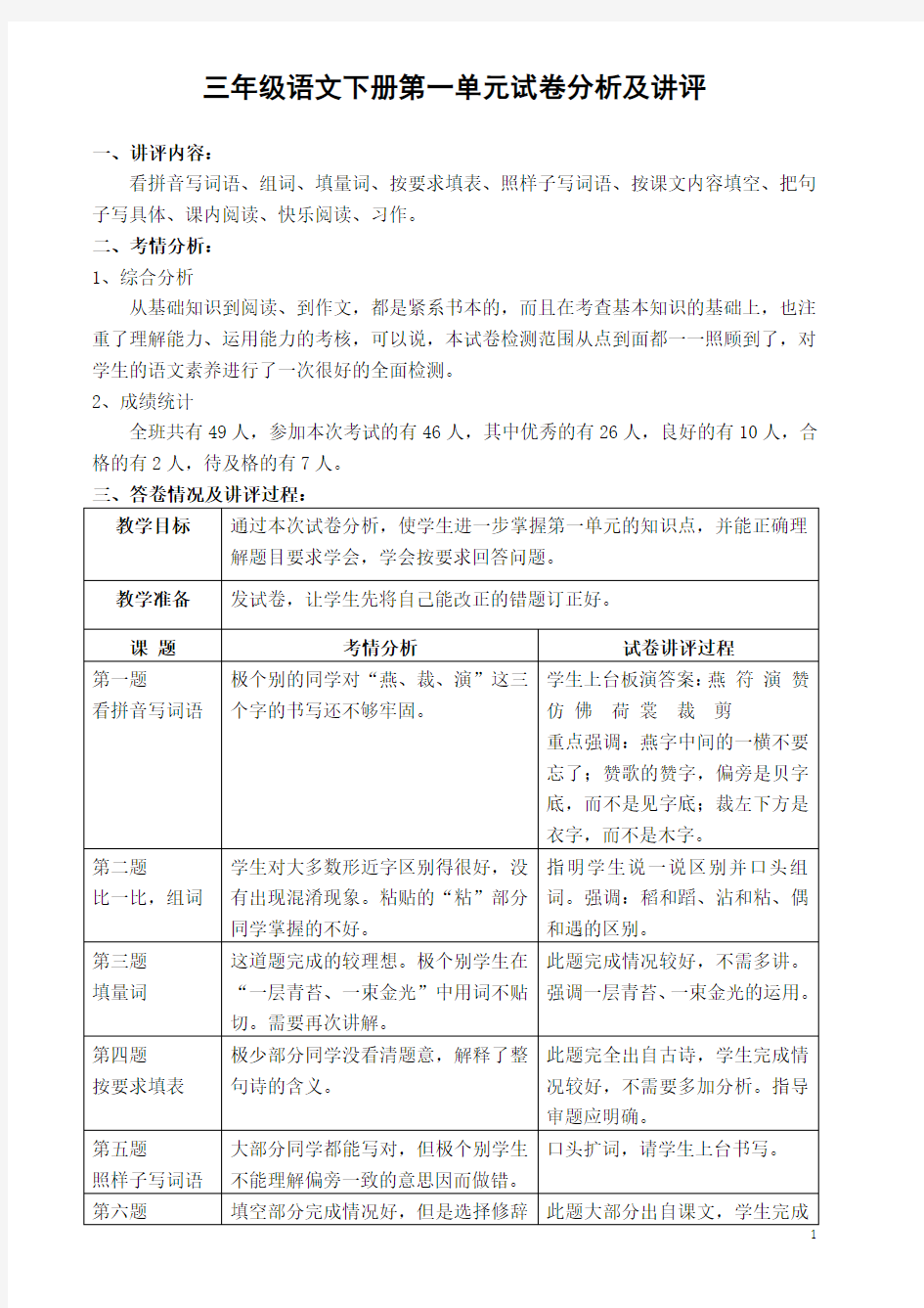 三年级语文下册第一单元试卷讲评分析