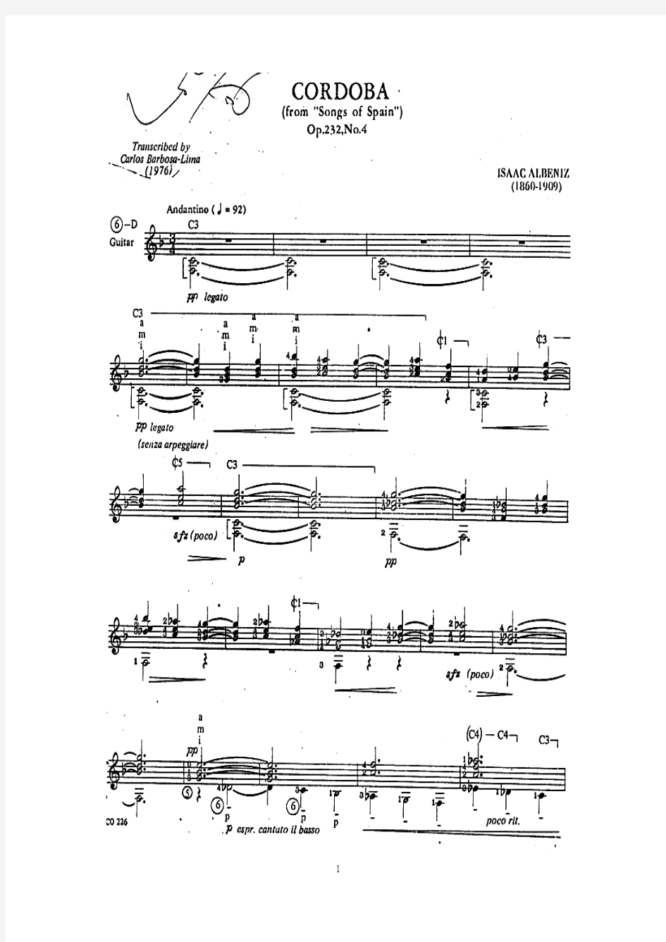 科尔多瓦 Cordoba,op.232-04;阿尔贝尼斯 Isaac Albeniz(Barbosa-Lima古典吉他谱)
