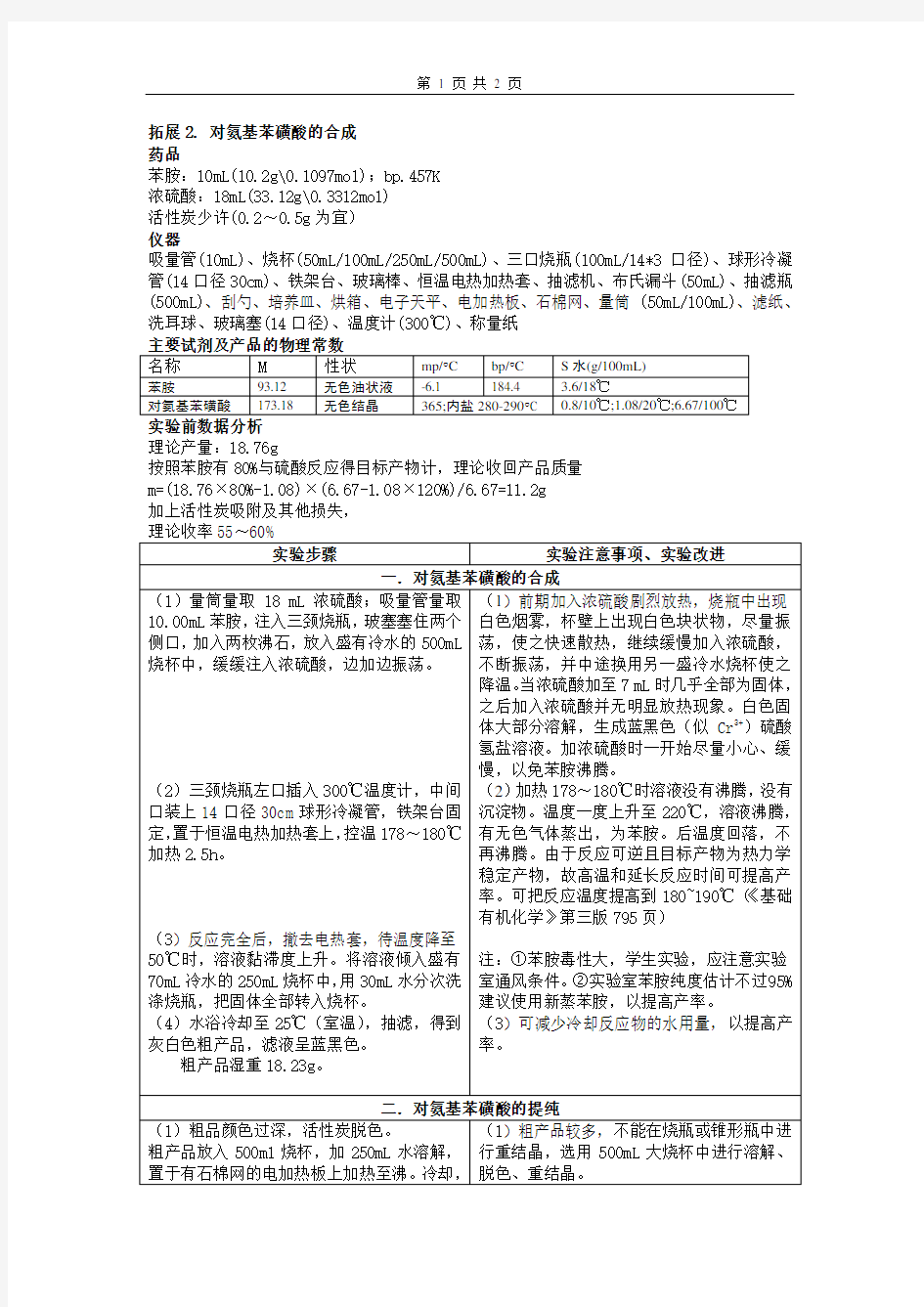 专题7对氨基苯磺酸的合成