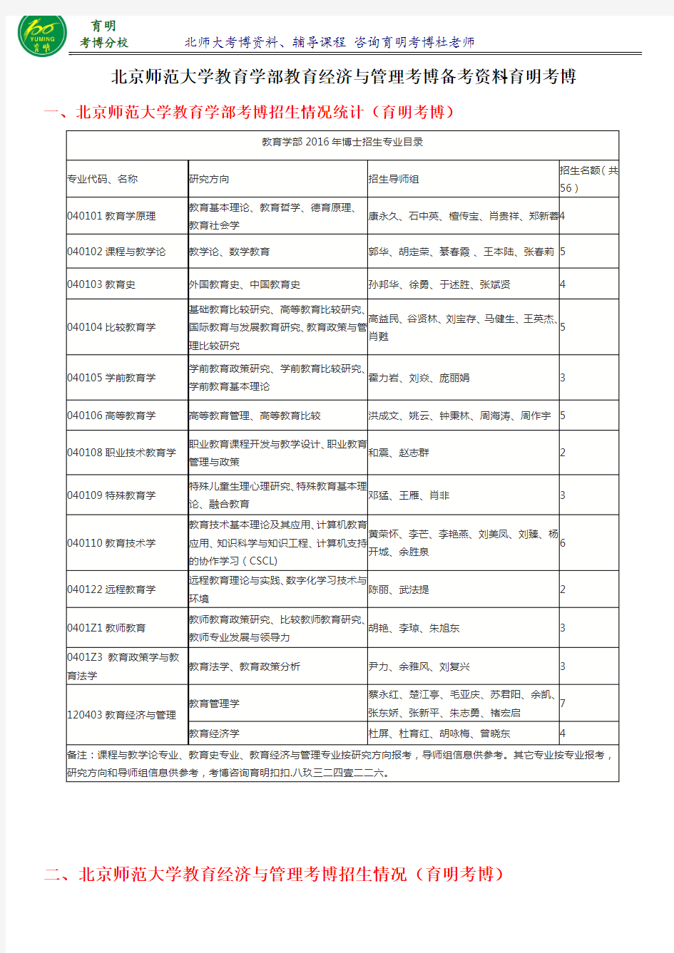 2016北师教育经济与管理教育管理考博复试分数线报录比考点整理-育明考博