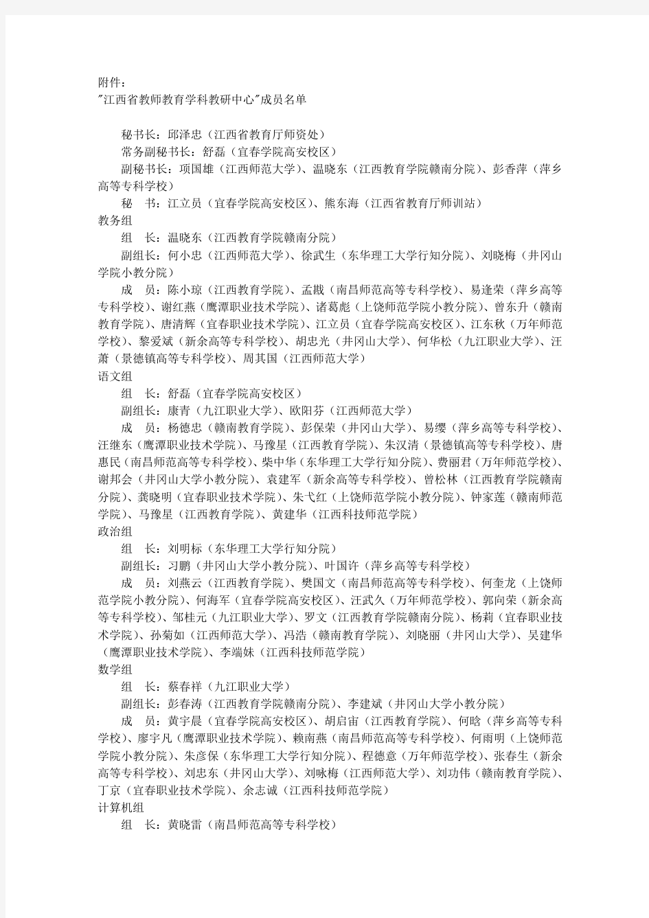 '江西省教师教育学科教研中心'成员名单