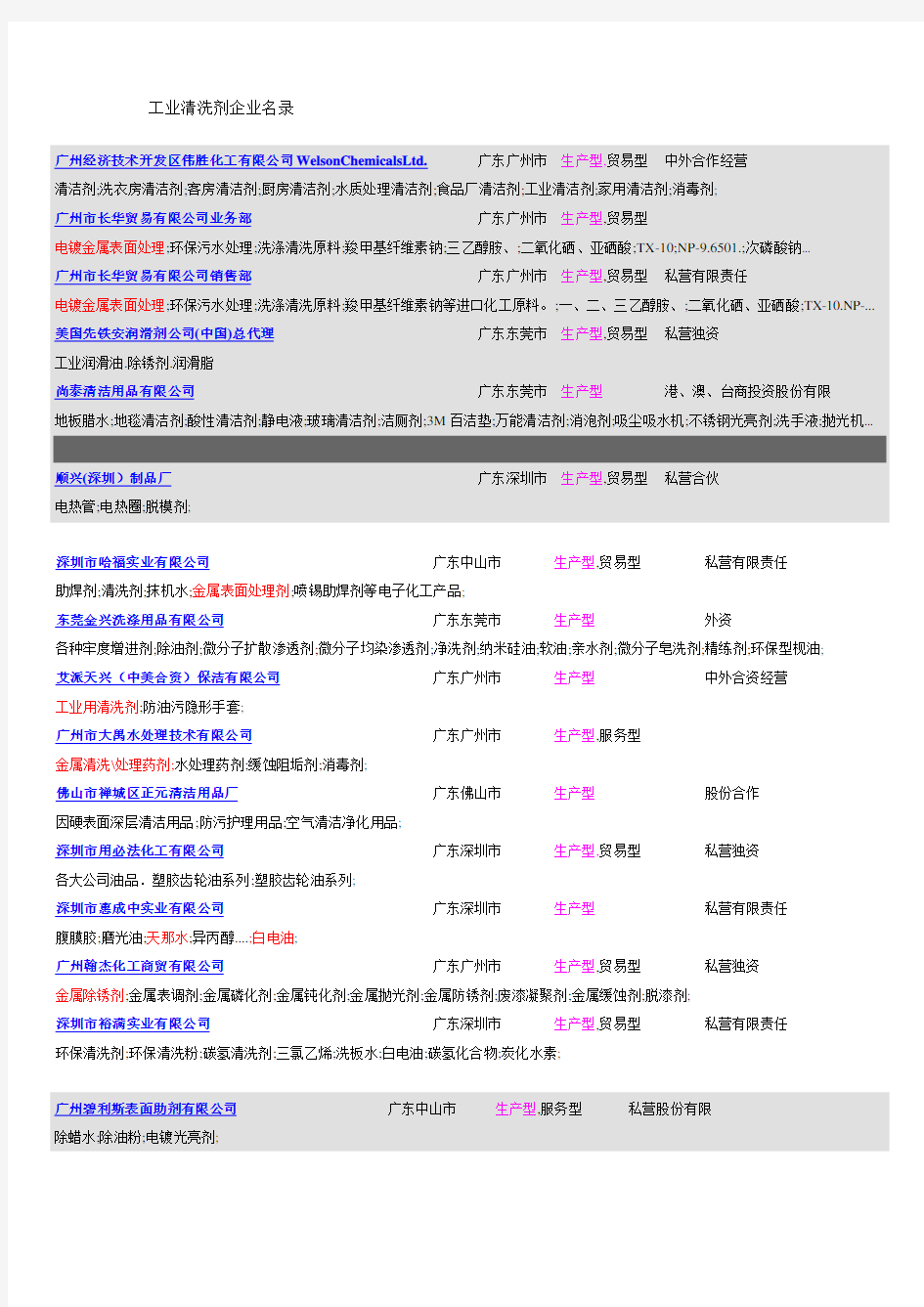 工业清洗剂企业名录(广东)