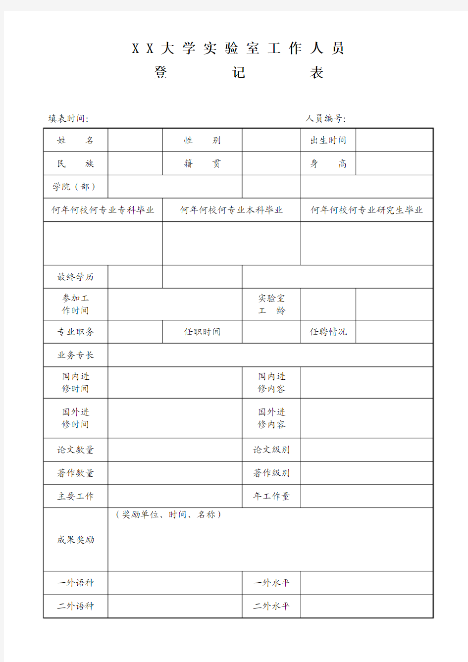 大学实验室工作人员登记表(样表)