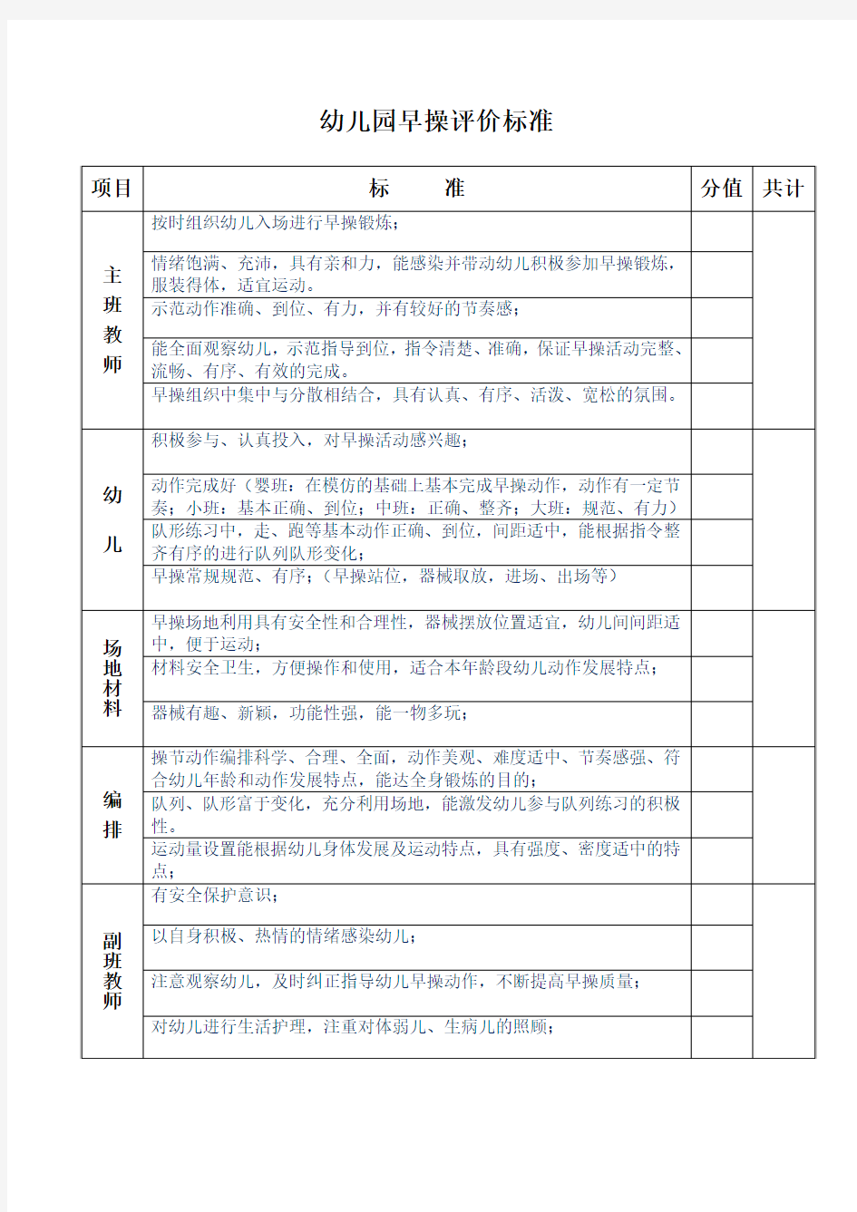 幼儿园早操评价标准