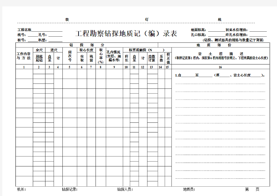 工程勘察钻探地质记录表
