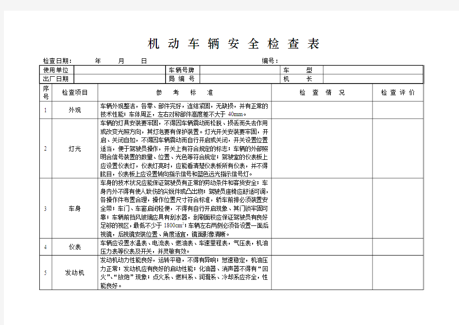 机动车辆安全检查表