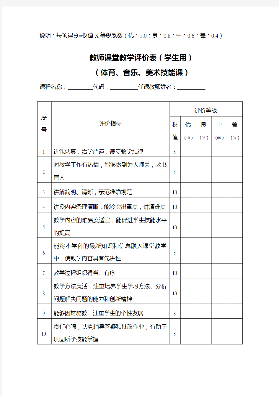 《教师课堂教学评价表》模版