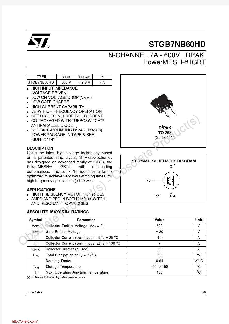 STGB7NB60HDT4;中文规格书,Datasheet资料