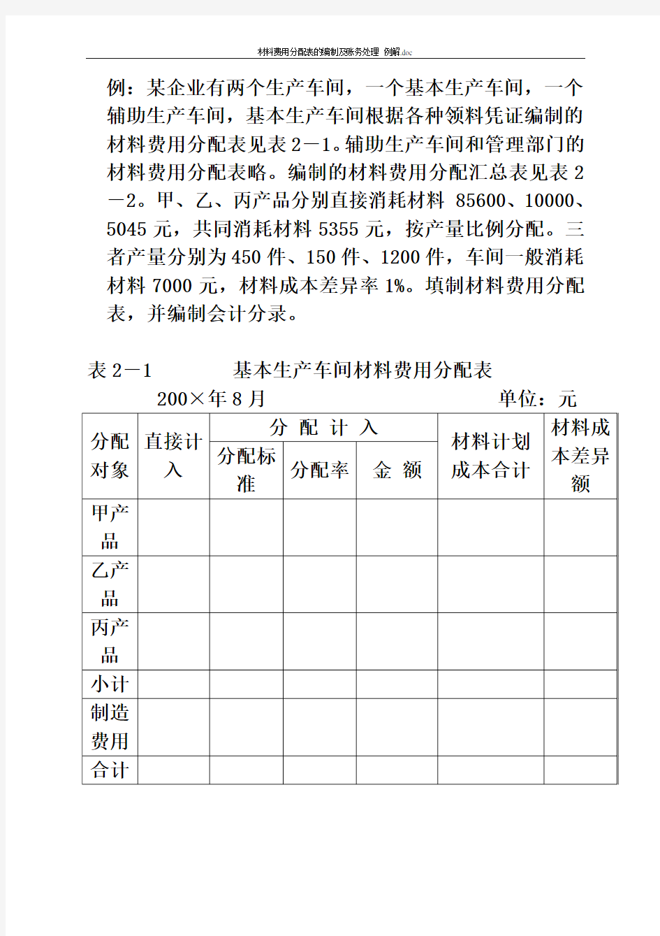 材料费用分配表的编制(计划成本法)(答案)