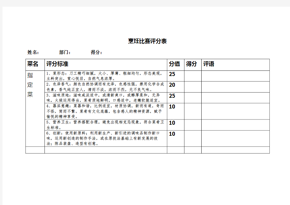 烹饪比赛评分表