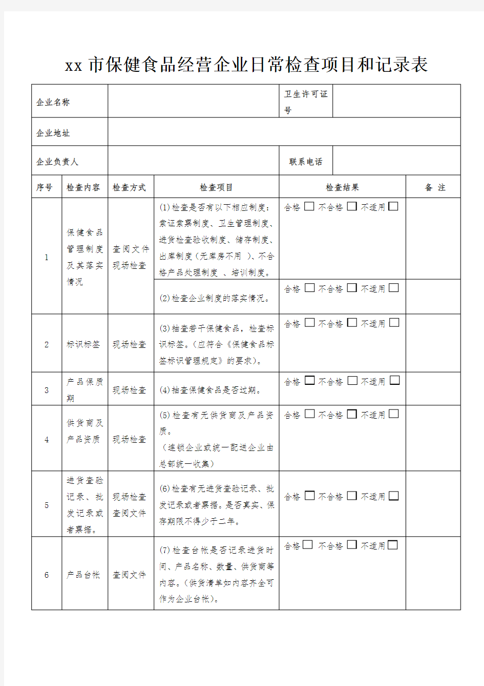 xx市保健食品经营企业日常检查项目和记录表