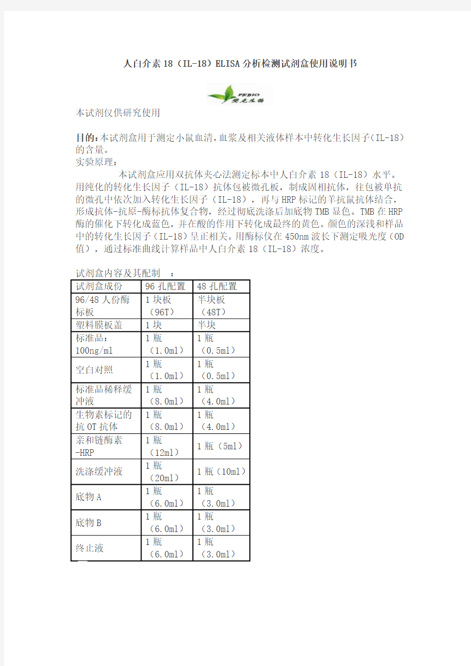 人白介素18(IL-18)ELISA分析检测试剂盒使用说明书