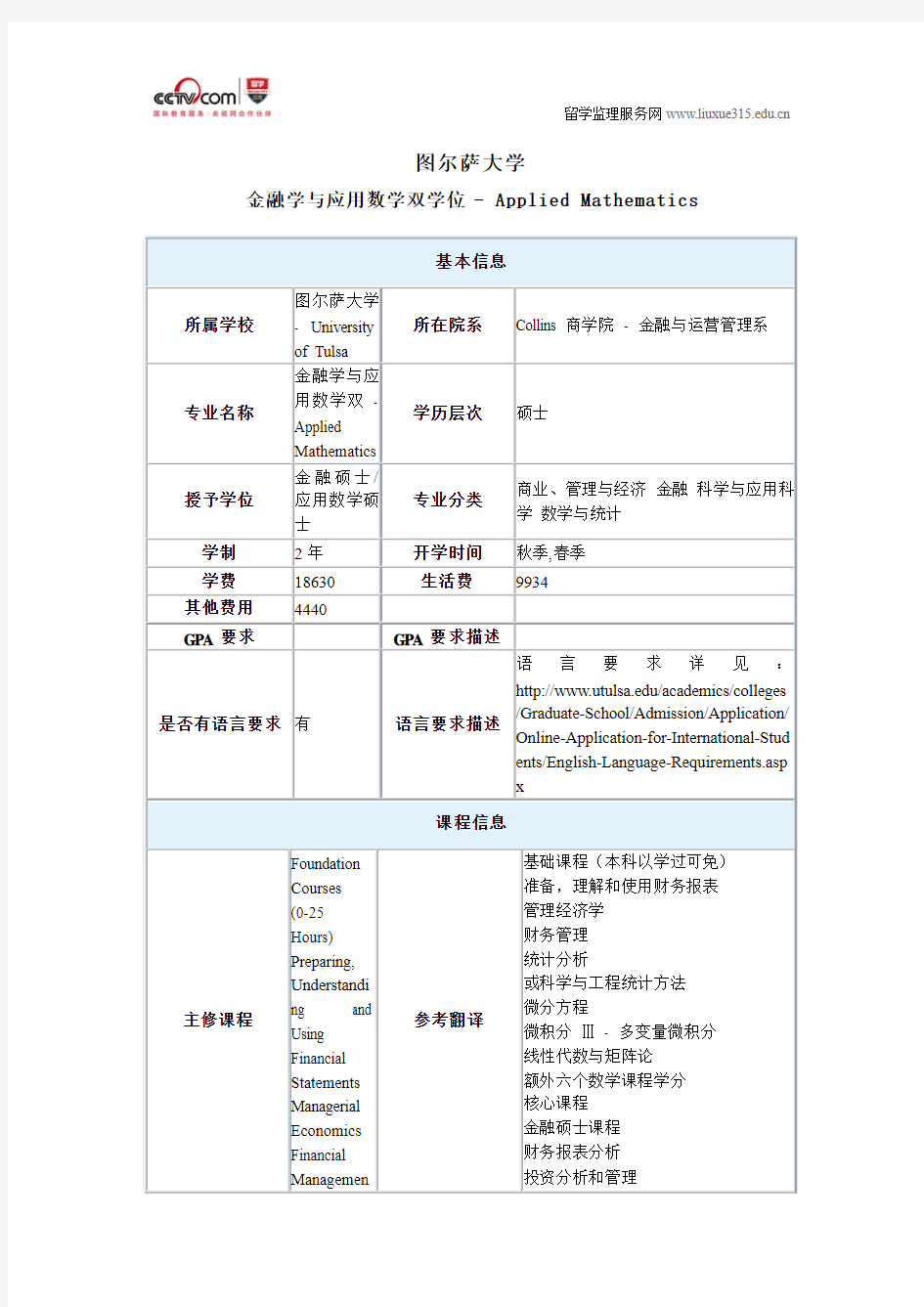 图尔萨大学金融学与应用数学双学位硕士