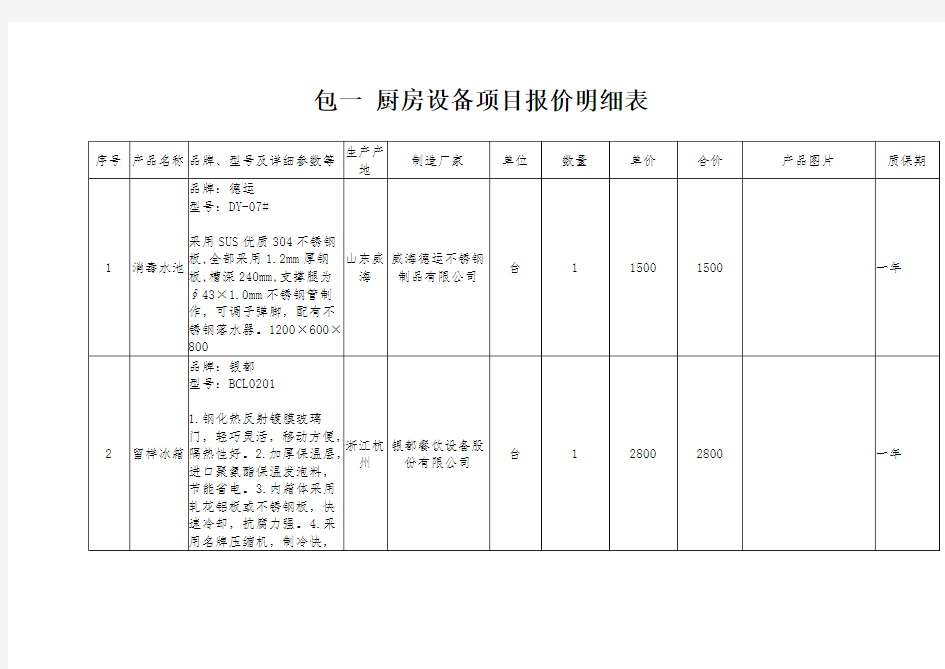 厨房设备报价清单