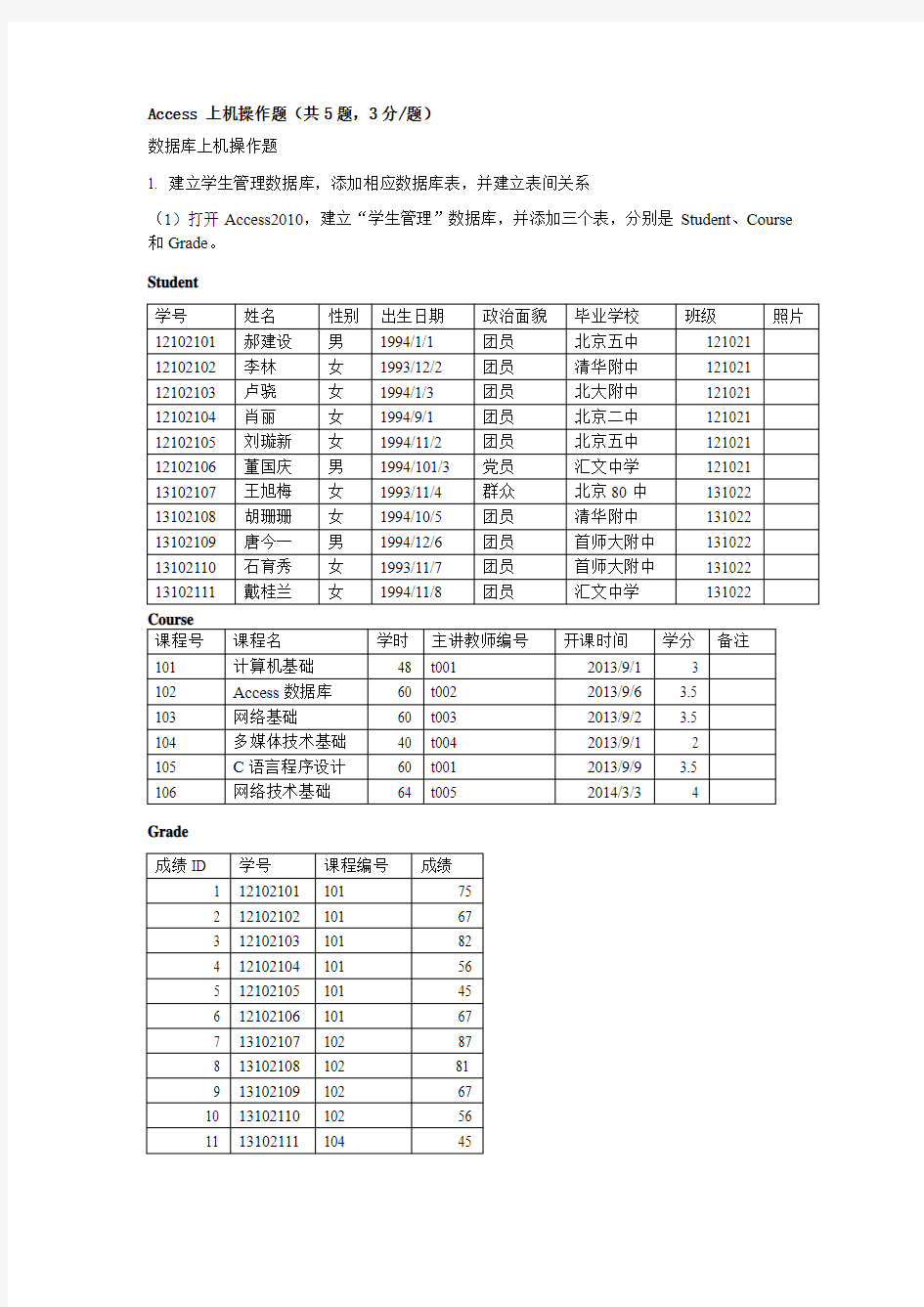 数据库上机操作题