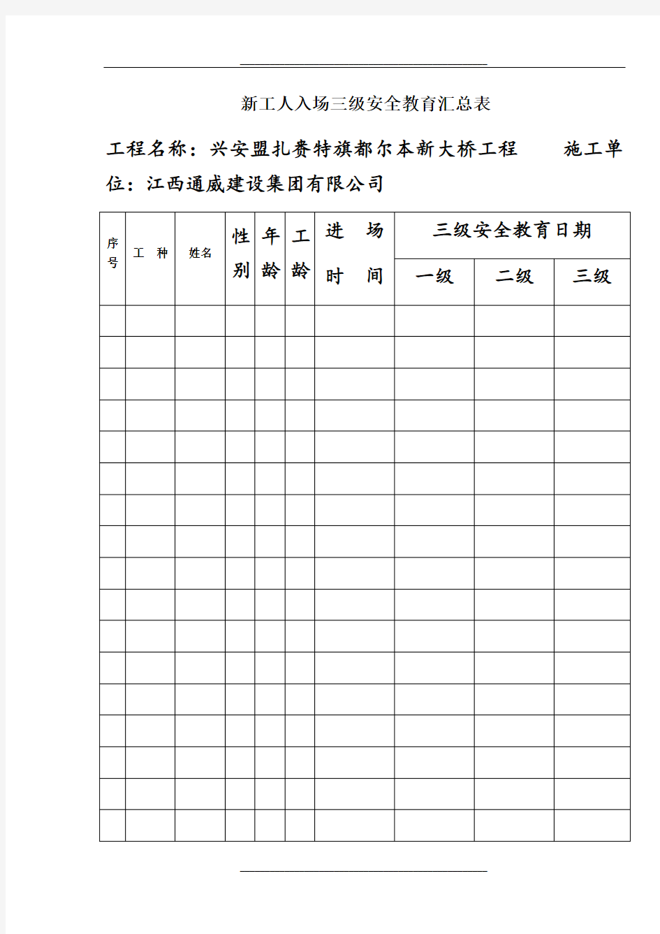 三级安全教育记录及表格(全)