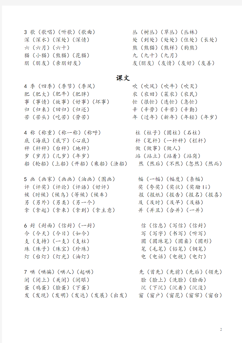 2018年人教版二年级上册语文生字表组词