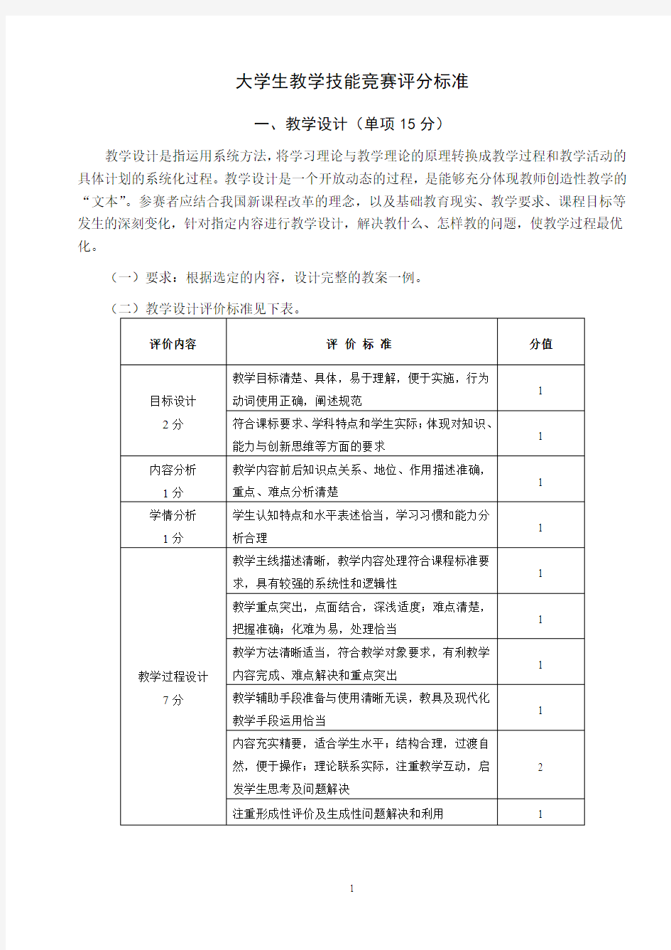 大学生教学技能竞赛评分标准