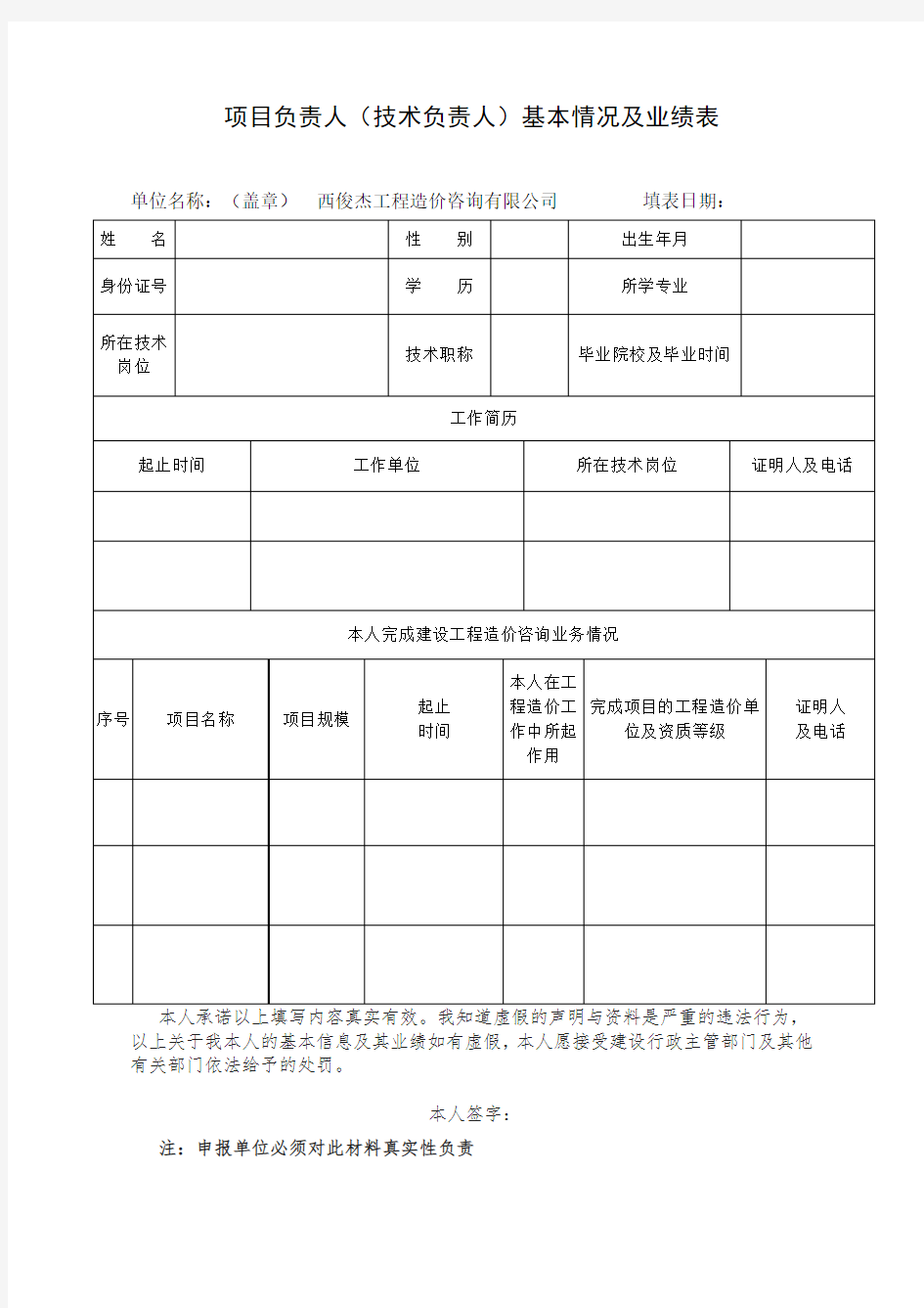 项目负责人(技术负责人)基本情况及业绩表(宁夏)