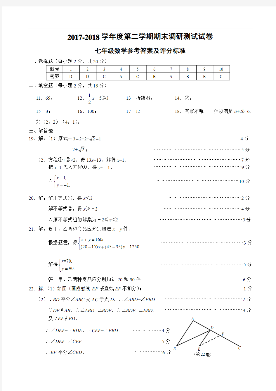 七年级数学参考答案及评分标准