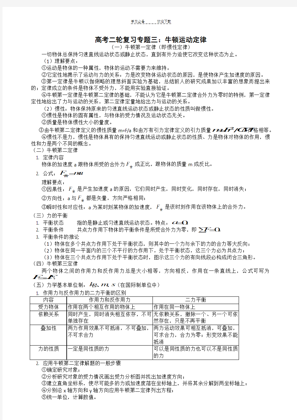 高考二轮复习专题(物理-牛顿运动定律)