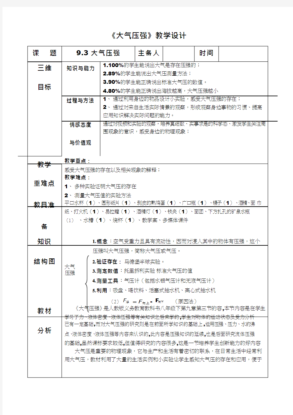 初中物理《大气压强(11)》优质课教案、教学设计