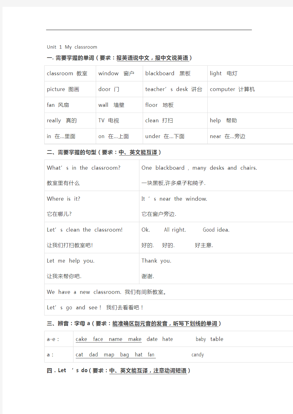 人教版英语四年级上册期末知识点汇总