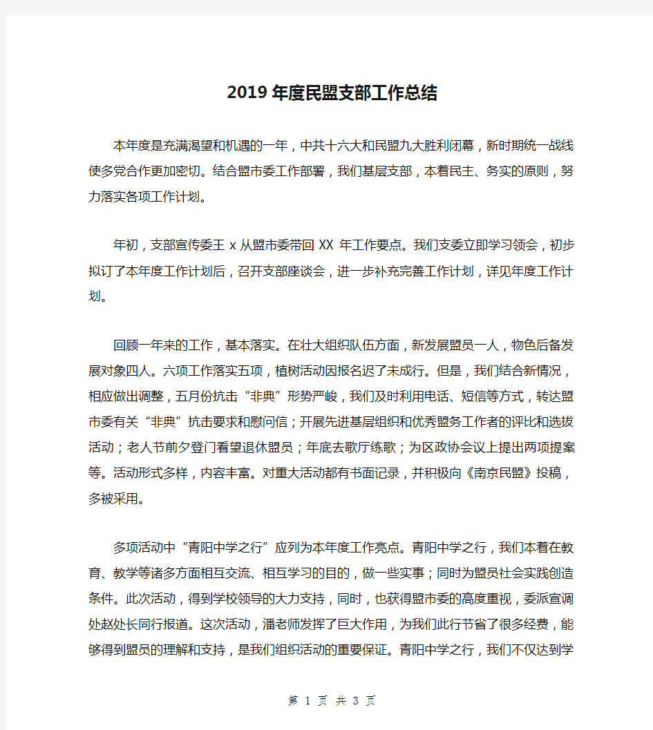 2019年度民盟支部工作总结