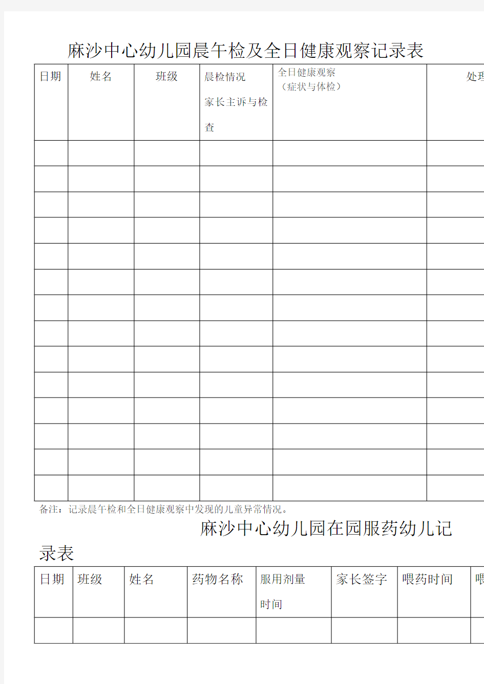 晨午检及全日健康观察记录表