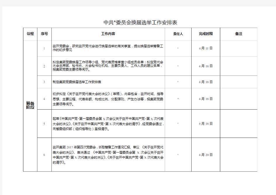 党委换届选举工作安排表