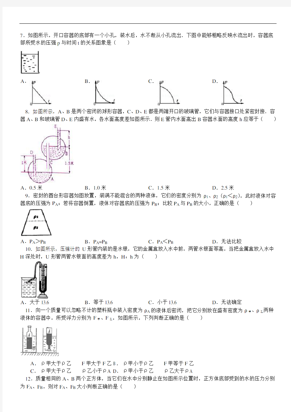 初二物理压强与浮力专题经典测试卷(含答案解析)