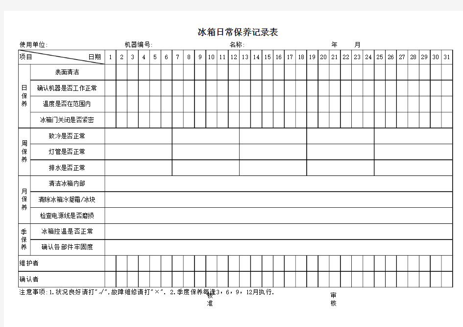 冰箱日常保养记录表