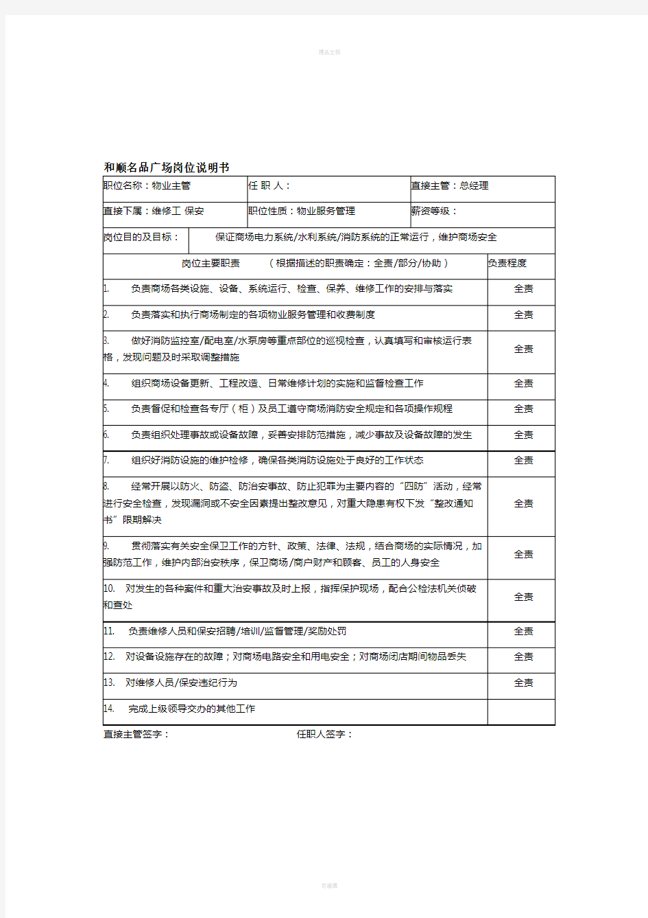 商场主管岗位职责