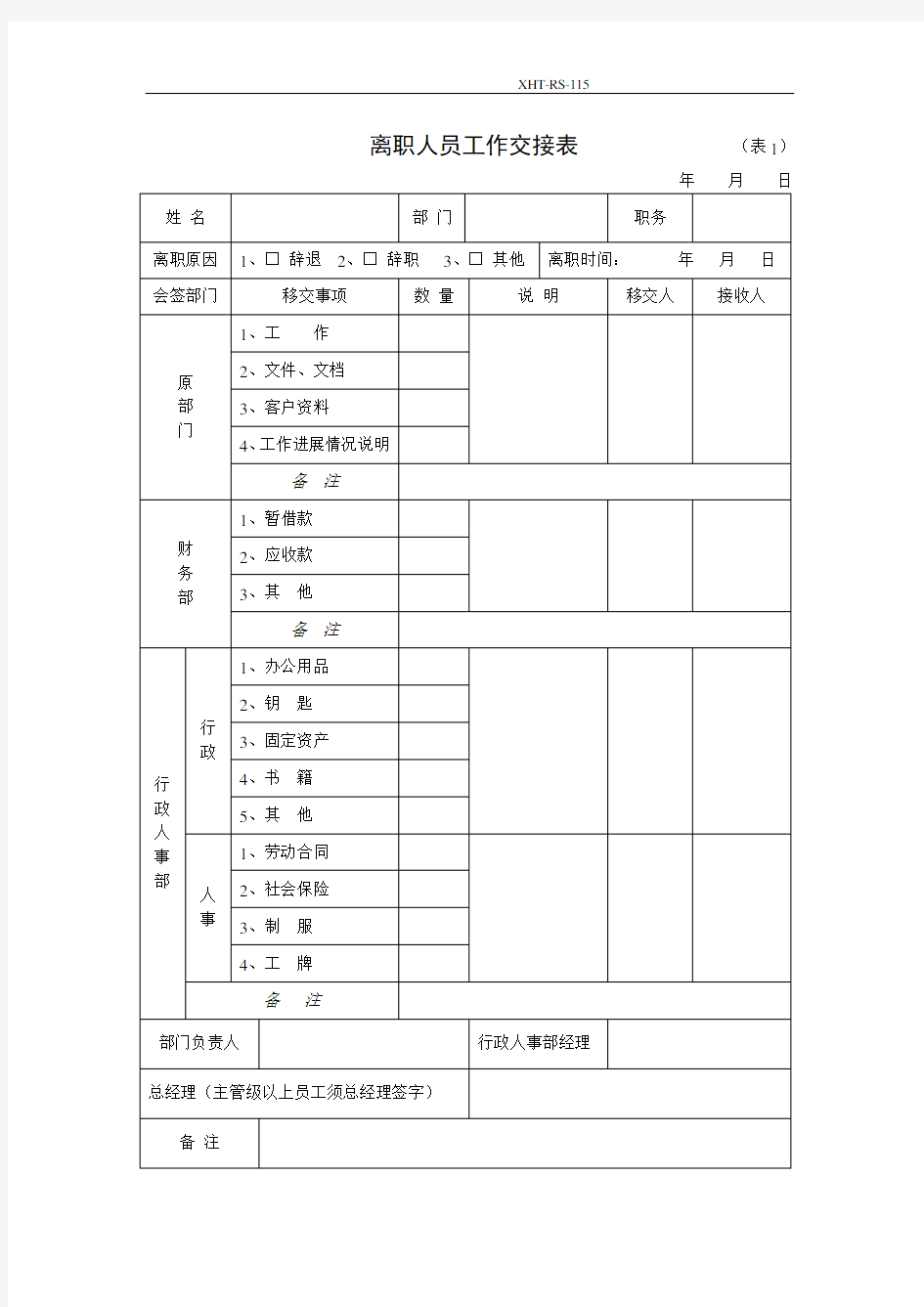 离职人员工作交接表