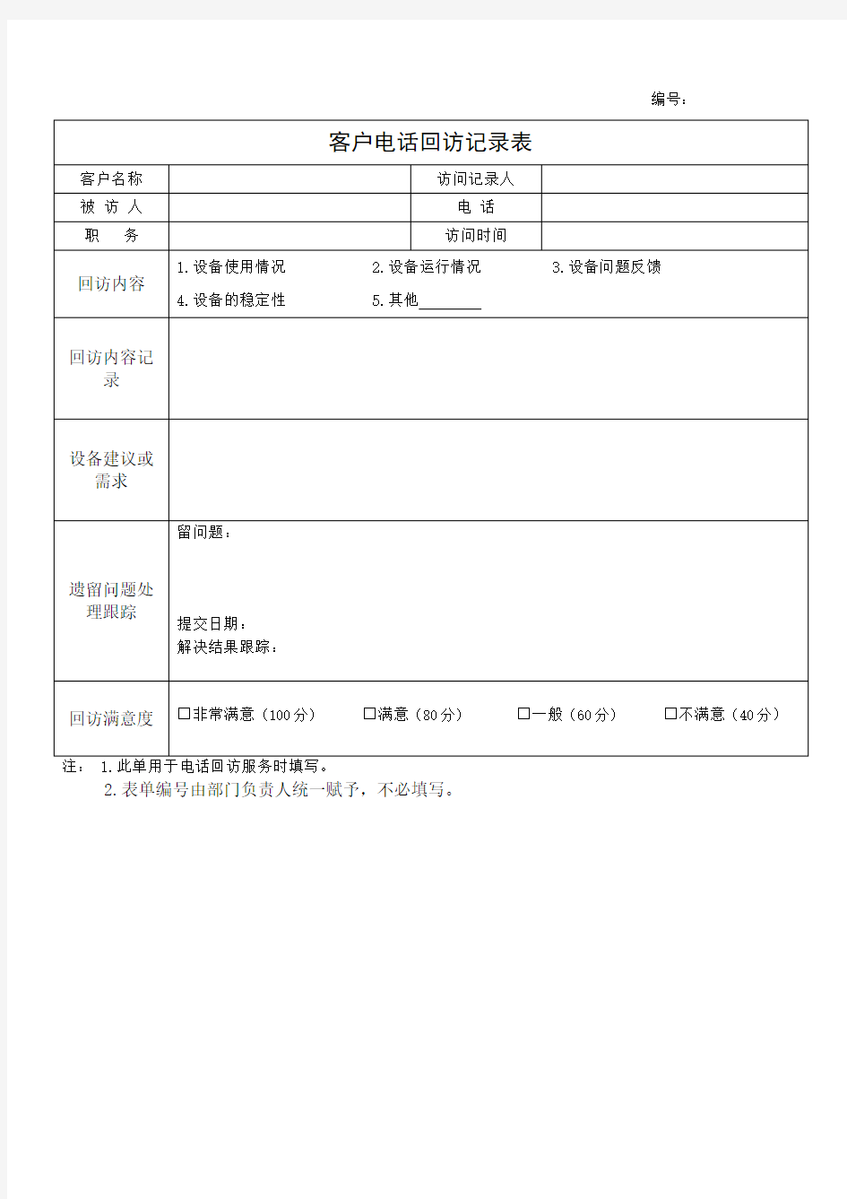 客户电话回访记录表