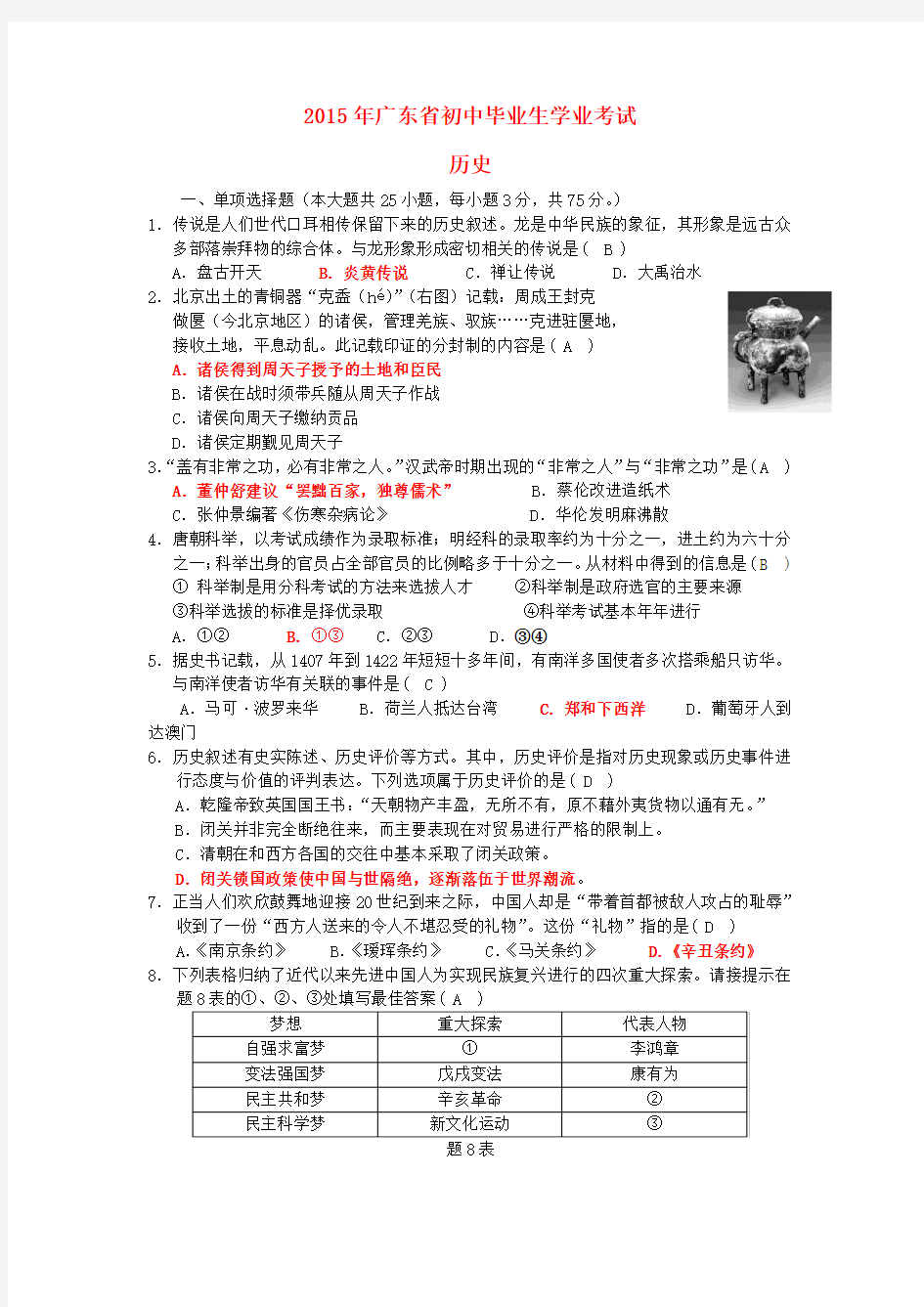 广东省2015年中考历史真题试卷(含答案)