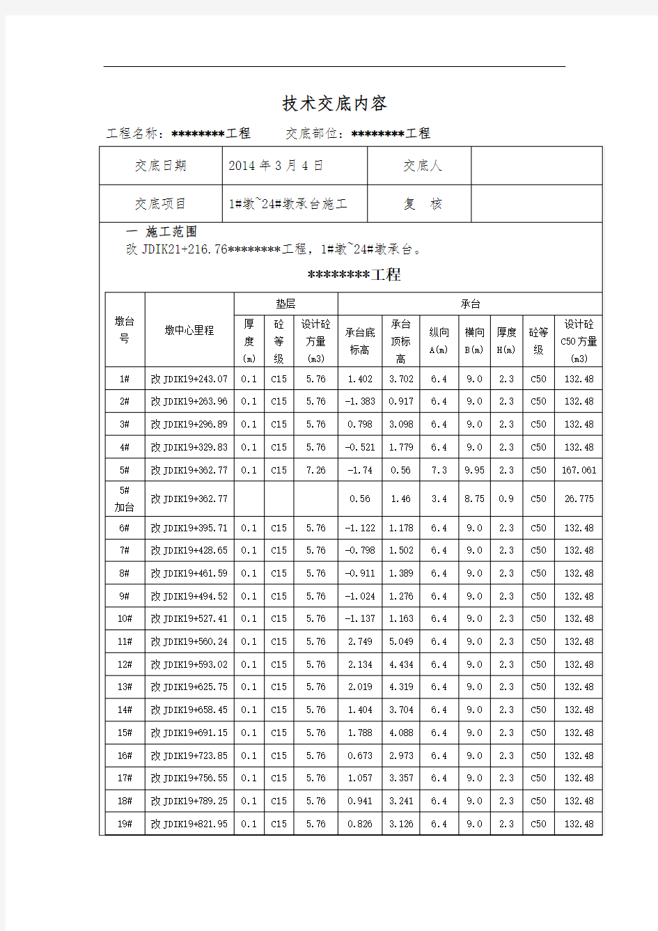 承台施工技术交底