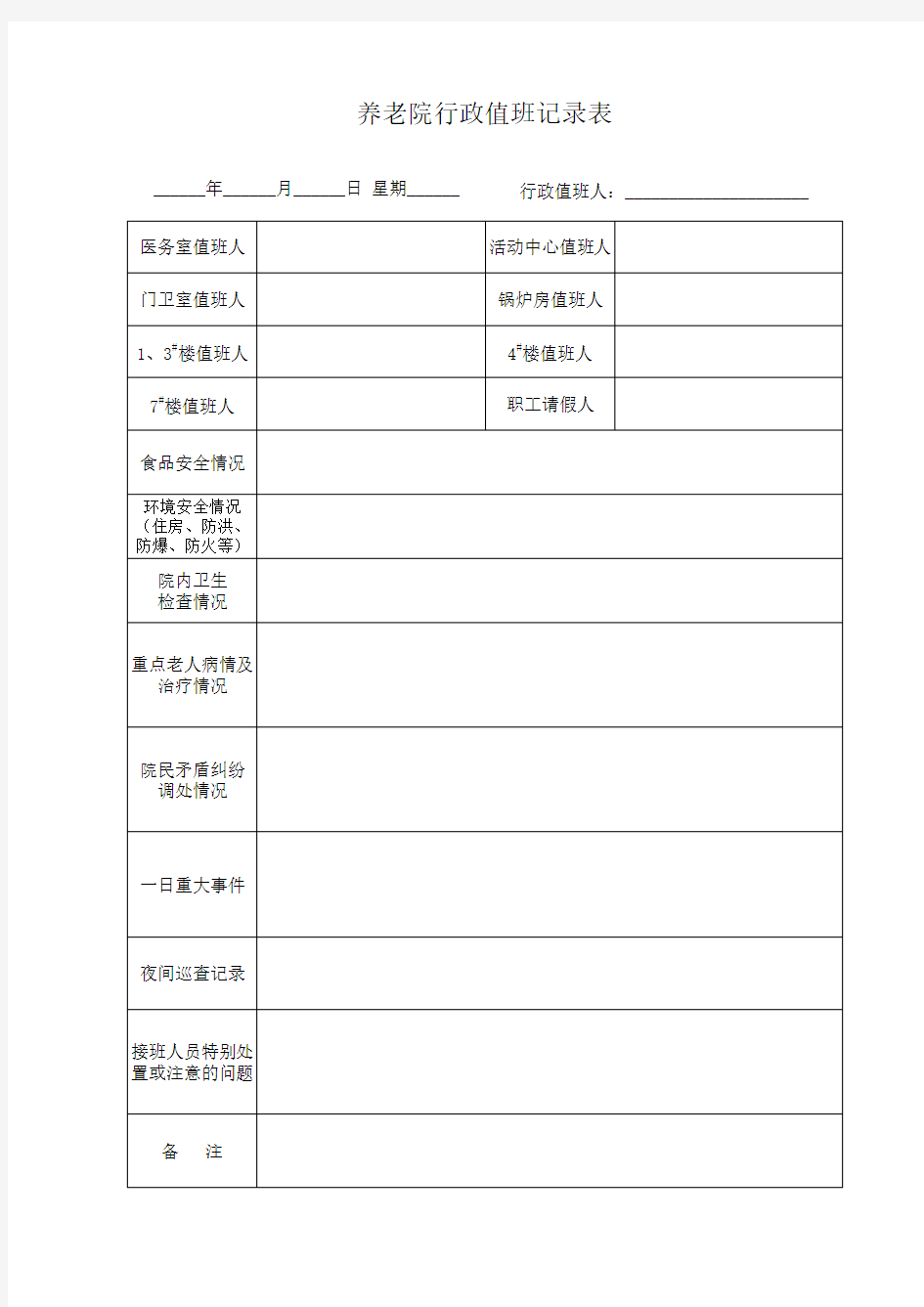 养老院行政值班记录表