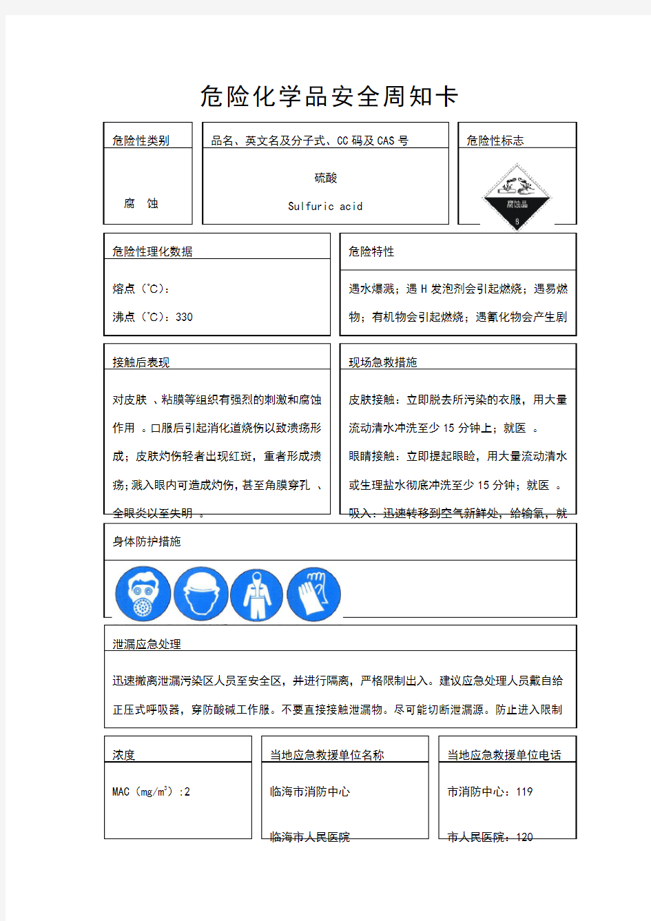 危险化学品安全周知卡(样本)