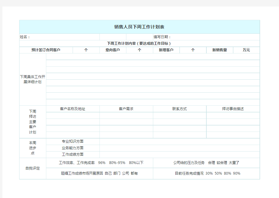 销售人员下周工作计划表1