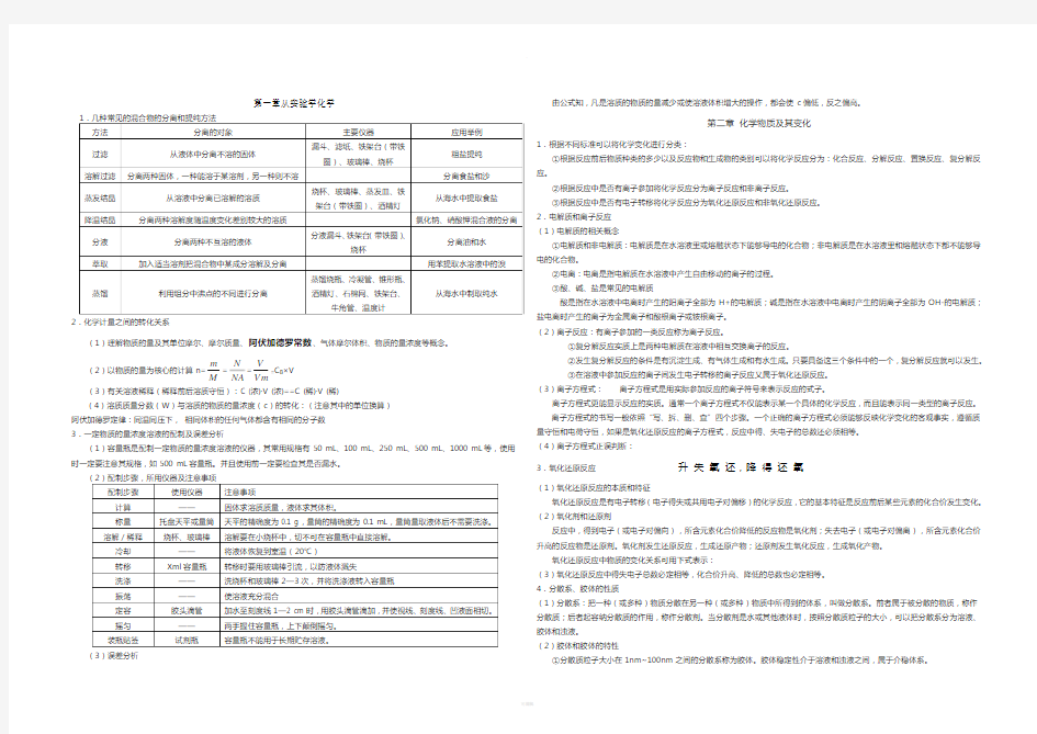 人教版高一化学必修一知识点总结