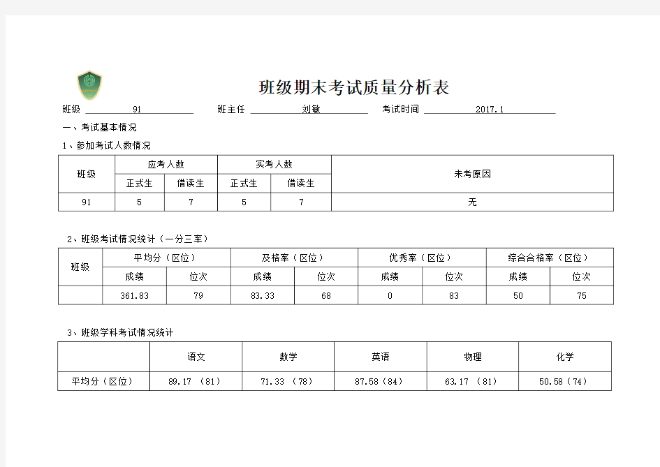 91班级期末考试质量分析