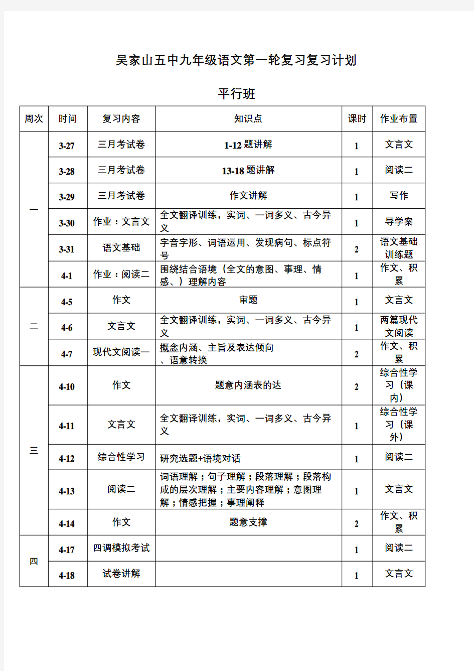 九年级中考语文第一轮复习复习计划