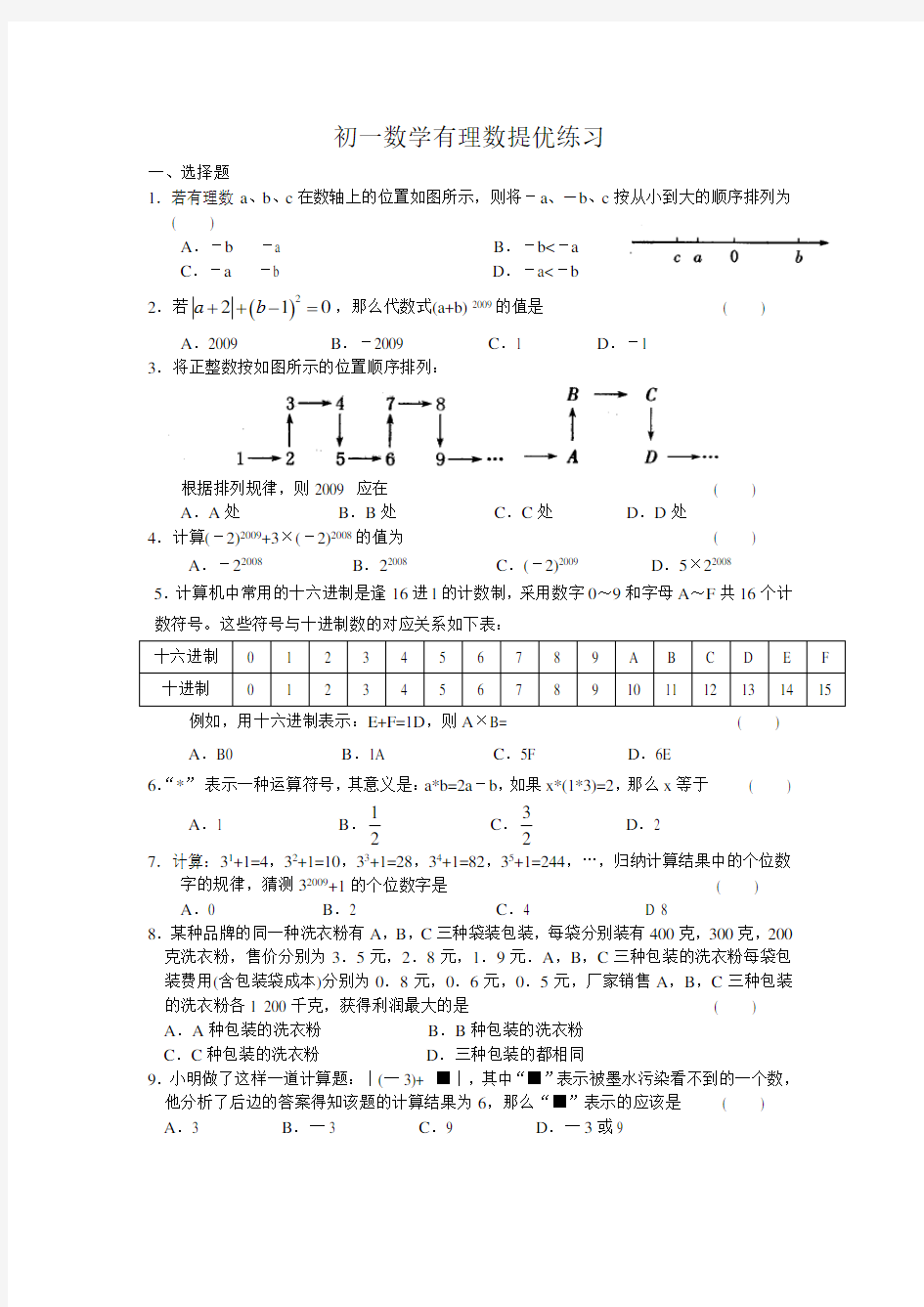 初一数学有理数提优练习