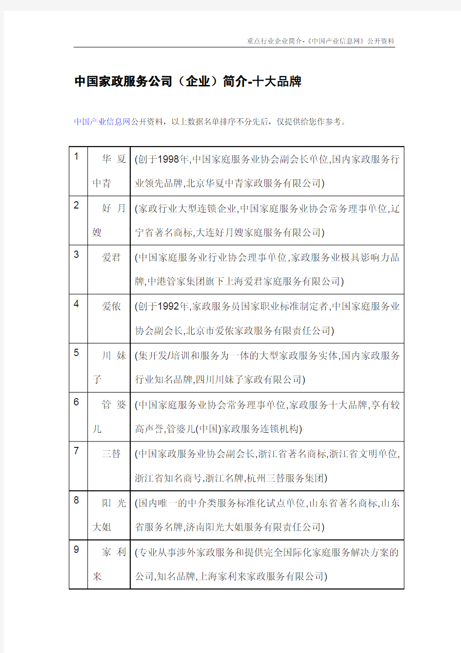 中国家政服务公司(企业)简介-十大品牌